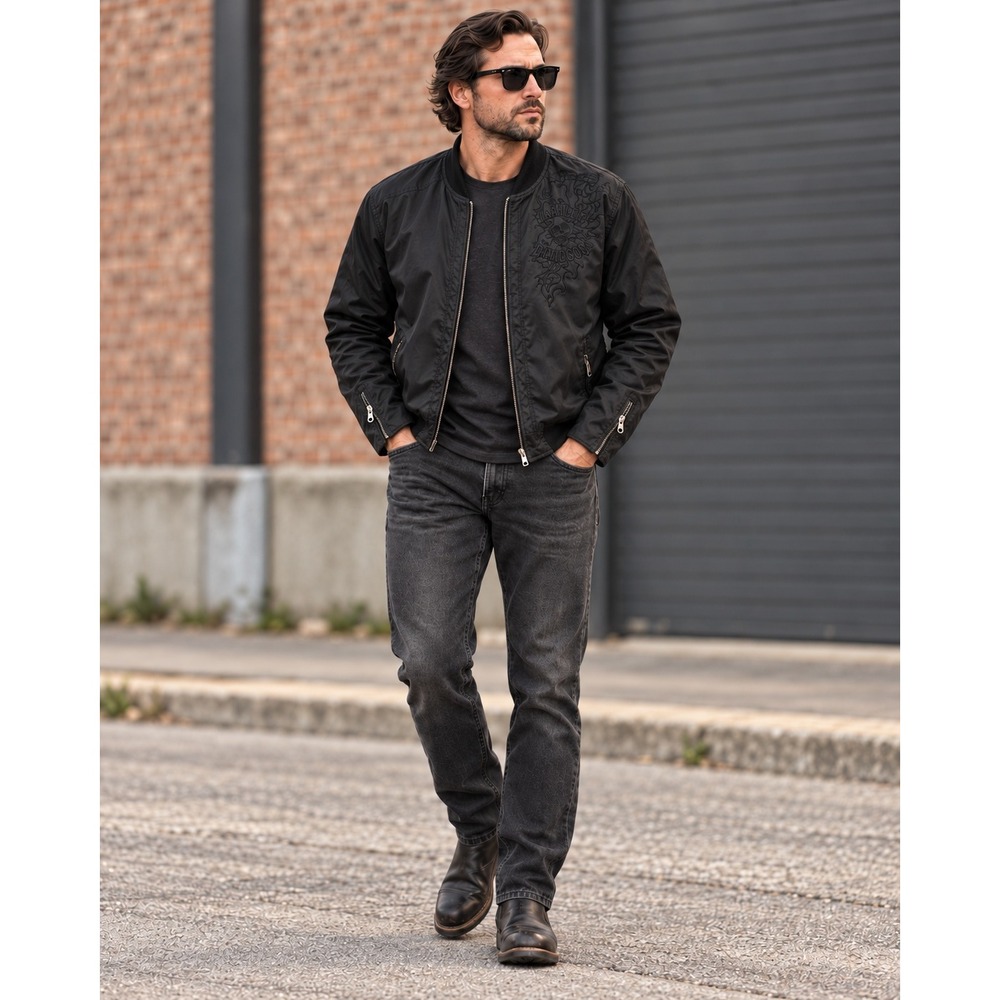 Harley-Davidson Mens Large Black Bomber Jacket Embroidered Skull Eagle Full Back